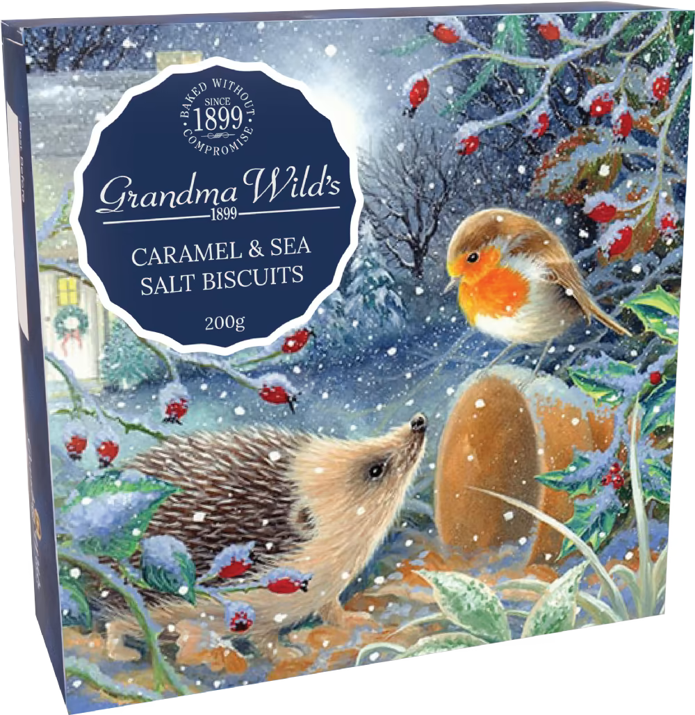 GRANDMA WILDS HEDGEHOG & ROBIN BOX - CARAMEL & SEA SALT BISCUITS 200G