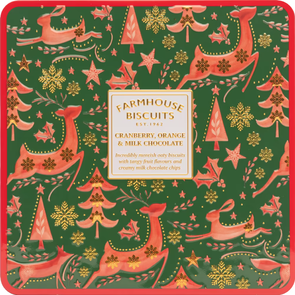 FARMHOUSE WINTER ANIMALS TIN - CRANBERRY, ORANGE & MILK CHOCOLATE BISCUITS 250G