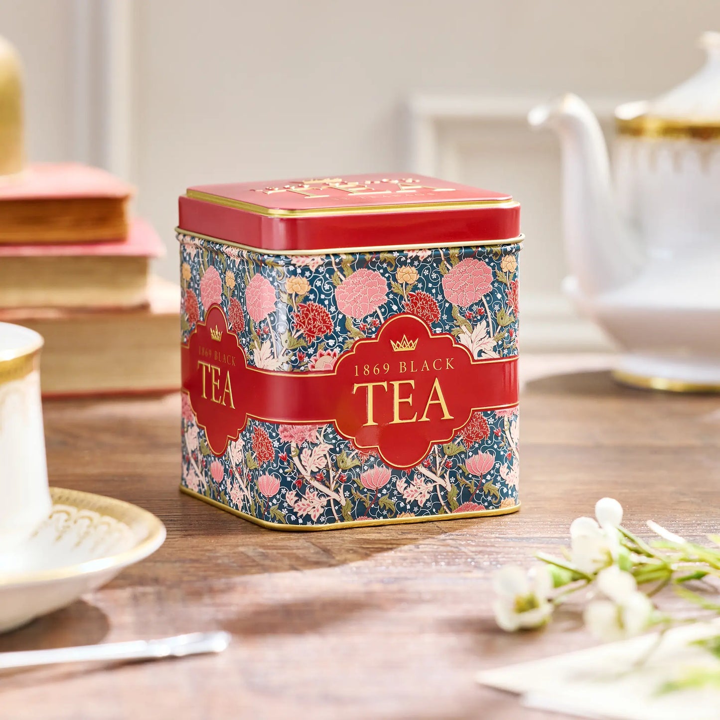 N.E.T ROYAL RED TAPESTRY TIN - 1869 BLACK TEA 32 TEA BAGS
